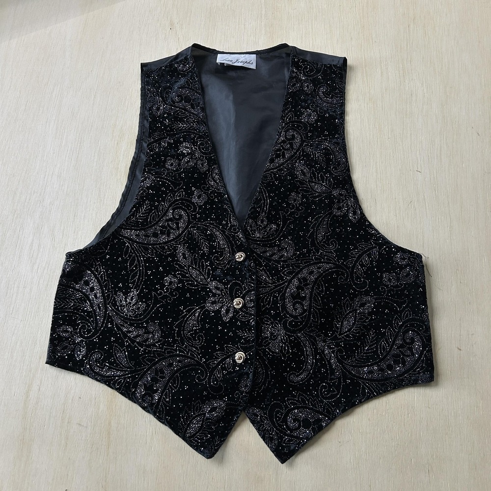 Vintage Lisa Josephs Vest Womens Medium Black Velvet Paisley Glitter Lined Party